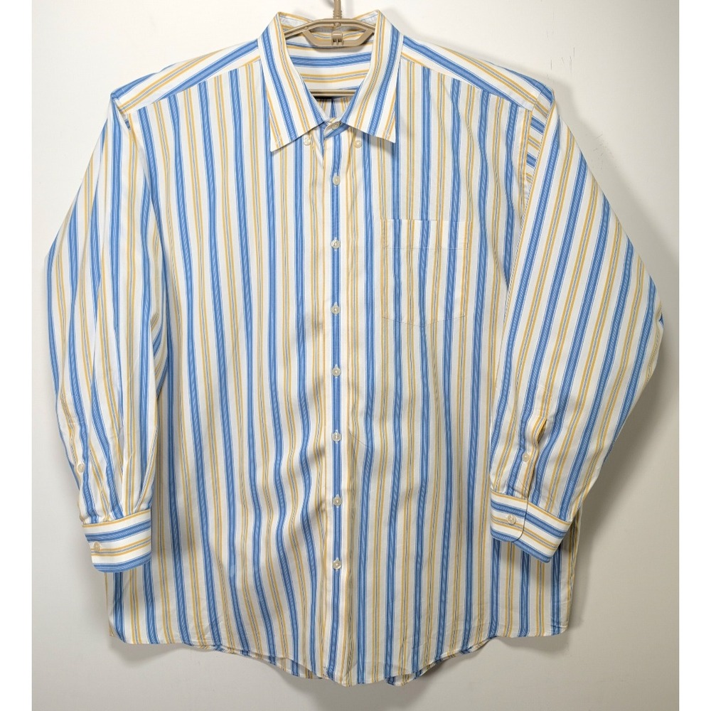 Custom Made Mens Blue Yellow Striped Button Up Shirt Monogram Cotton XXL
